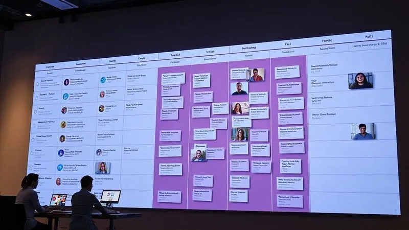 A photorealistic image of a large, glowing digital Kanban board projected onto a wall, with various task cards moving between columns. A diverse team of remote workers, represented by small video call windows around the board, are actively looking at and interacting with the board. Cinematic lighting, sharp focus, depth of field, 8K hyper-detailed, shot on a high-end DSLR.