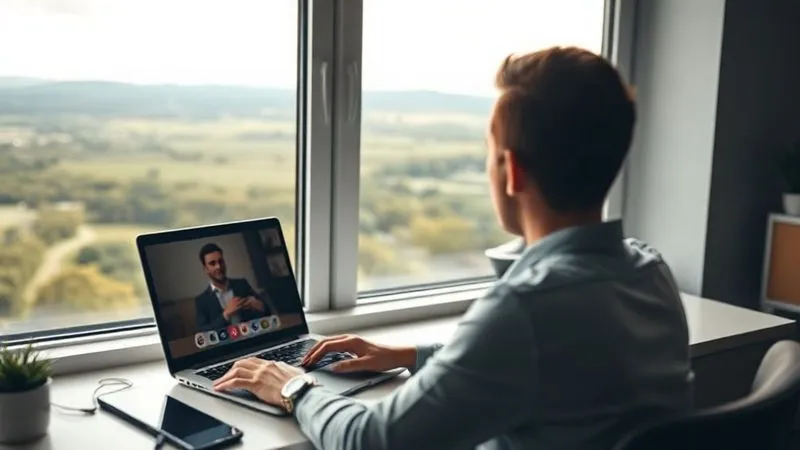 A photorealistic image of a person sitting at a desk with a laptop, looking out a window at a beautiful, serene landscape, taking a mindful break from work. The laptop screen shows a blurred video call. Cinematic lighting, sharp focus, depth of field, 8K hyper-detailed, shot on a high-end DSLR.