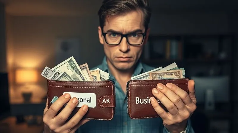 A photorealistic, professional photography, 8K, cinematic lighting, sharp focus, depth of field, shot on a high-end DSLR of a person looking stressed while holding two overflowing wallets, one labeled 'Personal' and the other 'Business', with bills and receipts spilling out, symbolizing financial chaos and the difficulty of managing mixed funds. The background is a dimly lit office, enhancing the feeling of overwhelm.