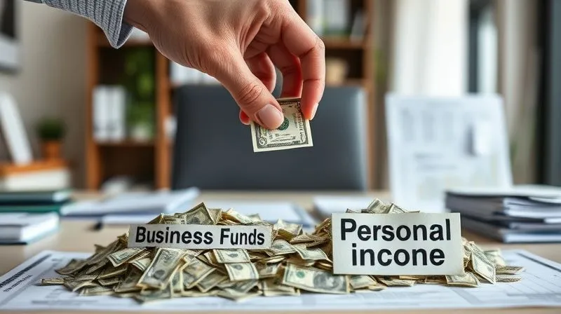 A photorealistic, professional photography, 8K, cinematic lighting, sharp focus, depth of field, shot on a high-end DSLR of a person's hand carefully transferring money from a pile labeled 'Business Funds' to another pile labeled 'Personal Income', with a clear, defined path between them, symbolizing a structured and disciplined salary transfer. The background shows a modern home office with financial documents in order.