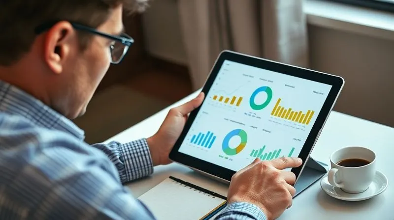 A photorealistic, professional photography, 8K, cinematic lighting, sharp focus, depth of field, shot on a high-end DSLR of a person reviewing a financial dashboard on a tablet, with various charts and graphs showing business and personal finances side-by-side, reflecting clear organization and analysis. The person has a focused yet calm expression, suggesting control and understanding. A cup of coffee and a notebook are on the desk, indicating a routine review process.