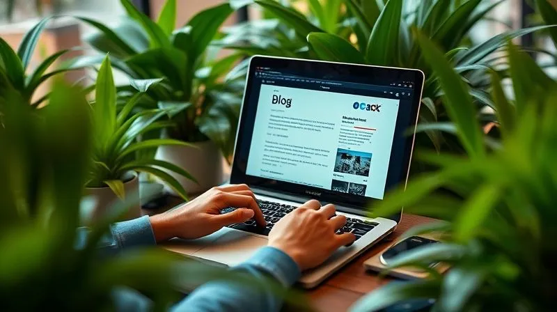 A photorealistic image of a person typing on a laptop in a vibrant co-working space, surrounded by lush green plants, creating content with a thoughtful expression. The screen shows a blog post with a clear, engaging headline. Cinematic lighting, sharp focus on the person and laptop, depth of field blurring the background, 8K hyper-detailed, professional photography, shot on a high-end DSLR.