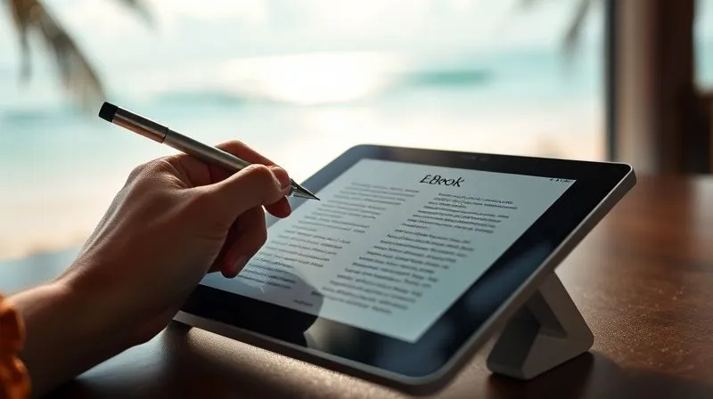 A photorealistic image of a sleek, modern e-book cover displayed on a tablet, with a person's hand holding a pen poised to write notes. The background shows a blurry but inviting view of a tropical beach. Cinematic lighting, sharp focus on the tablet, depth of field blurring the background, 8K hyper-detailed, professional photography, shot on a high-end DSLR.