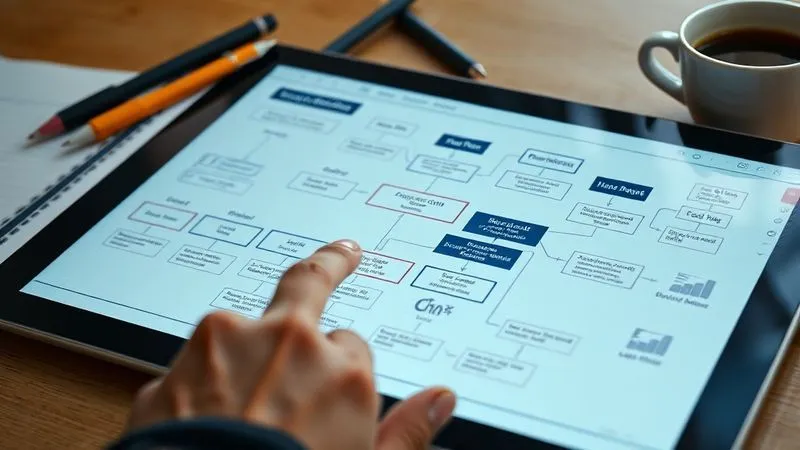 A photorealistic image of a detailed flowchart on a digital tablet, showing various steps of a project workflow, with highlighted bottlenecks. A digital nomad's hand is pointing to a specific section, surrounded by pens and a cup of coffee. Cinematic lighting, sharp focus, 8K, depth of field.