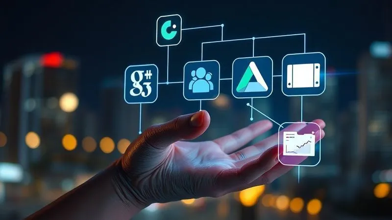 A photorealistic image of a digital nomad's hand interacting with a holographic interface showing interconnected app icons (Slack, Asana, Google Drive, Zoom) with glowing lines illustrating data flow and automation. The background is a blurred cityscape at night. 8K, cinematic lighting, sharp focus on the hand and interface, depth of field.