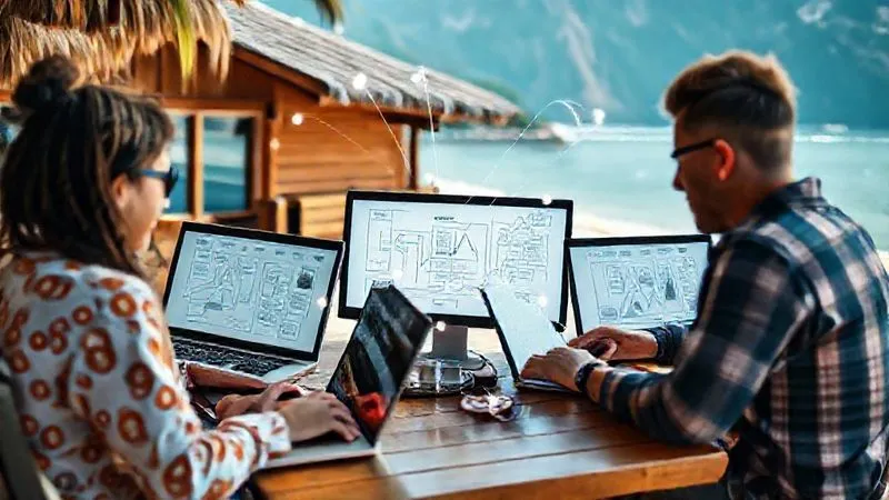 A photorealistic image depicting a diverse group of digital nomads (one on a beach, one in a cafe, one in a mountain cabin) all simultaneously collaborating on a shared digital document or whiteboard visible on their laptops. The image emphasizes seamless global collaboration despite different time zones, with subtle visual cues of connectivity like light rays connecting their screens. Professional photography, 8K, cinematic lighting, sharp focus on the screens and faces, depth of field blurring the backgrounds, shot on a high-end DSLR.