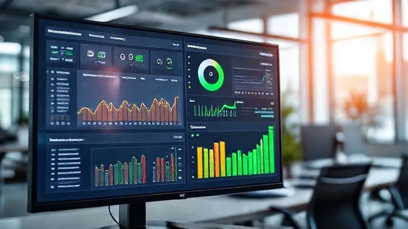 A photorealistic image of a vibrant, clean project analytics dashboard on a large monitor, displaying key performance indicators (KPIs) like task completion rates, budget adherence, and team velocity. The data is presented in clear, colorful charts and graphs, with green indicators for positive trends. Cinematic lighting, sharp focus on the data, depth of field blurring a modern, minimalist office space in the background, 8K hyper-detailed, shot on a high-end DSLR.