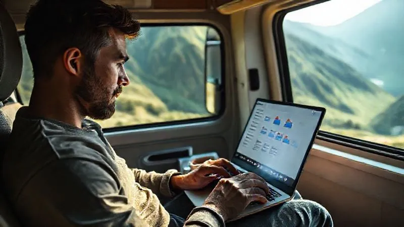 photorealistic, professional photography, 8K, cinematic lighting, sharp focus, depth of field, shot on a high-end DSLR. A digital nomad working intently on a laptop inside a minimalist, modern camper van, surrounded by lush green mountains visible through the window. The laptop screen shows a Google Drive interface with several folders clearly marked for offline access, a subtle glow emanating from the screen. A cup of coffee rests beside the laptop. The atmosphere is calm and productive, emphasizing self-sufficiency and remote work.