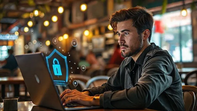 photorealistic, professional photography, 8K, cinematic lighting, sharp focus, depth of field, shot on a high-end DSLR. A digital nomad working on a laptop in a bustling, vibrant cafe in an exotic location. The laptop screen shows a padlock icon and a security warning, with subtle, ethereal digital shields forming around the screen, symbolizing data protection. The nomad has a focused, slightly concerned expression, emphasizing the importance of cybersecurity. The background is slightly blurred, highlighting the individual and their digital security. No visible text or logos.