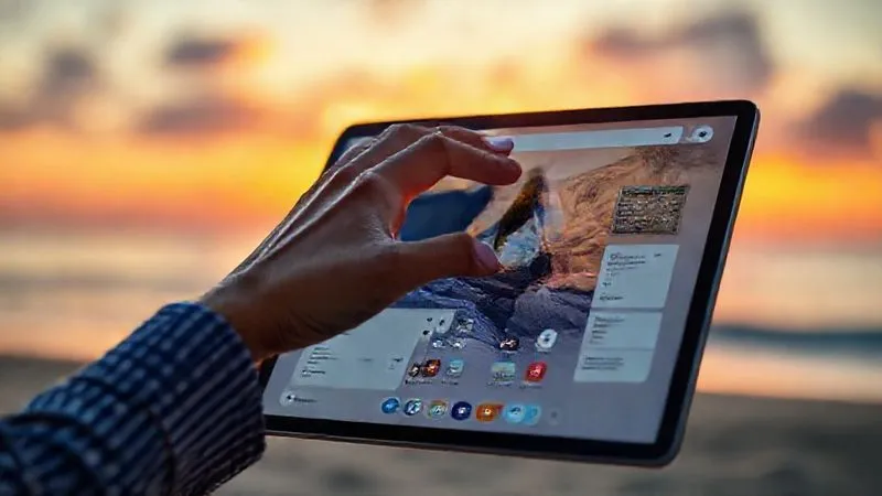 photorealistic, professional photography, 8K, cinematic lighting, sharp focus, depth of field, shot on a high-end DSLR. A digital nomad's hand elegantly interacting with a tablet showing a highly customized Google Workspace interface, with personalized themes, organized widgets, and automated notifications clearly visible. The background is a blurred, serene beach sunset, symbolizing freedom and efficiency. The focus is on the seamless and tailored digital experience. No visible text or logos.