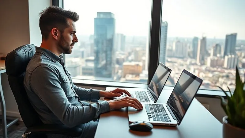 A photorealistic image of a person working comfortably on a laptop at a portable, ergonomic setup in a bright, airy co-working space, with a large window overlooking a bustling city, daylight streaming in. The person has good posture, using an external keyboard and mouse. Cinematic lighting, sharp focus on the workstation, depth of field. 8K hyper-detailed, shot on a high-end DSLR.