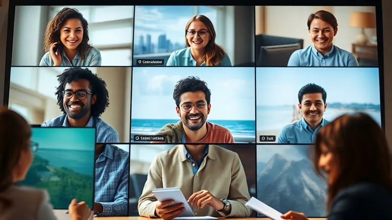 A photorealistic image of a diverse, multicultural team engaging in a dynamic video conference, their faces visible in multiple screens, some smiling, some taking notes. The background of each person subtly hints at different global locations (e.g., a city skyline, a beach, a mountain view). Cinematic lighting, sharp focus on the collaborative interaction, depth of field. 8K hyper-detailed, shot on a high-end DSLR.