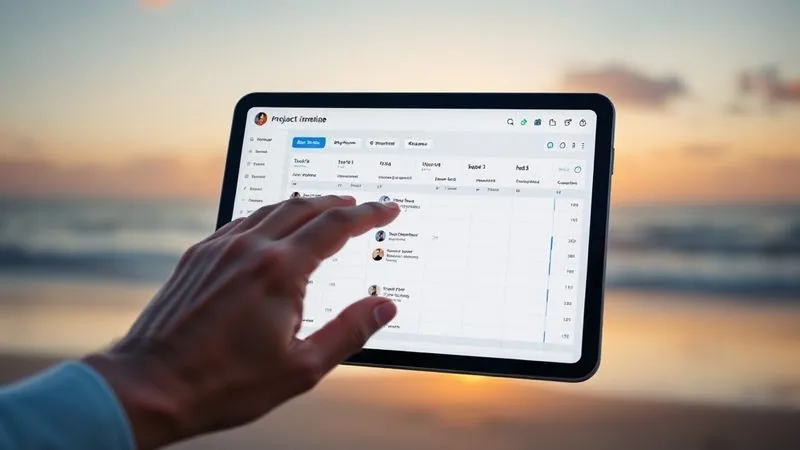 A photorealistic image of a minimalist digital dashboard displaying a clear, color-coded project timeline with tasks, deadlines, and team assignments, set against a blurred background of a serene beach at sunrise. A hand is gently interacting with a tablet showing the dashboard. Cinematic lighting, sharp focus on the screen, depth of field. 8K hyper-detailed, shot on a high-end DSLR.