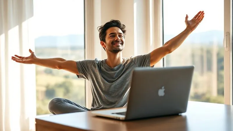 A photorealistic image of a person stretching gently in a sunlit room overlooking a serene landscape, with a laptop closed on a nearby table, suggesting a break from work. The atmosphere is calm and rejuvenating. Cinematic lighting, sharp focus on the person's peaceful expression, depth of field. 8K hyper-detailed, shot on a high-end DSLR.