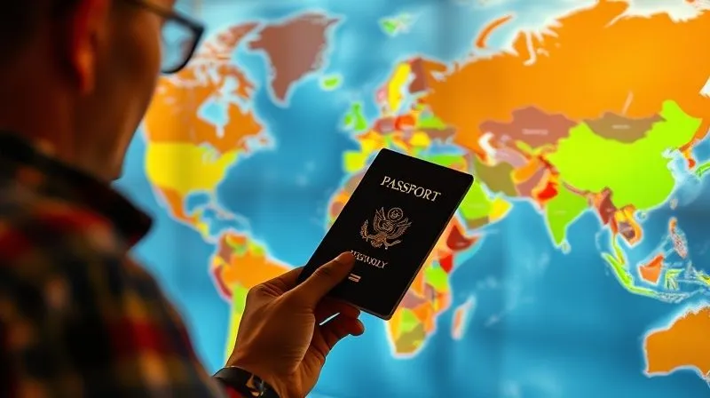 A photorealistic, professional photography, 8K, cinematic lighting, sharp focus, depth of field, shot on a high-end DSLR, of a digital nomad holding a passport, looking at a world map with several countries highlighted in green, symbolizing tax-friendly destinations. The lighting is warm and inviting, representing opportunity and freedom.