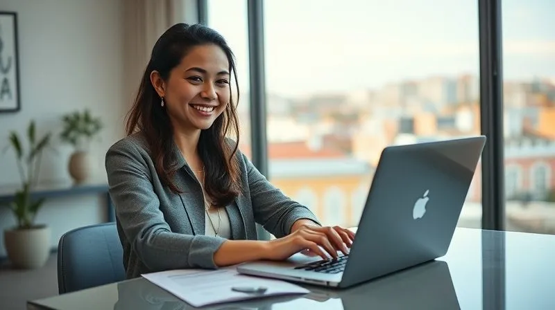 A photorealistic, professional photography, 8K, cinematic lighting, sharp focus, depth of field, shot on a high-end DSLR, of a confident female digital nomad, Ana, smiling and working efficiently on her laptop in a bright, modern apartment in Lisbon, Portugal, with a view of the city in the background. She has a clear, organized desk with documents, symbolizing her successful tax optimization.