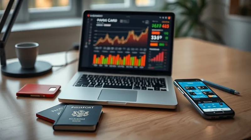 A photorealistic, professional photography, 8K, cinematic lighting, sharp focus, depth of field, shot on a high-end DSLR, of a sleek, modern workstation with a laptop displaying a financial dashboard, surrounded by various digital nomad tools like a global SIM card, a passport, and a smartphone with a travel tracking app open. The setup is clean and organized, suggesting efficiency and control over global finances.