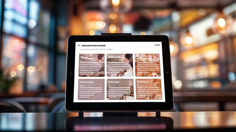 A photorealistic image of a digital tablet screen displaying a modular e-learning course, with clear, distinct sections like building blocks. Each block represents a micro-lesson, interconnected but standalone. The background is a blurred, vibrant cafe setting in a foreign city. Cinematic lighting, sharp focus on the tablet, depth of field. 8K, professional photography.