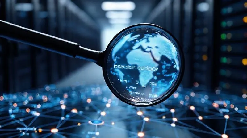 A photorealistic image of a magnifying glass hovering over a complex network of interconnected digital learning modules, with keywords and data points glowing faintly. The background shows blurred server racks and a digital globe, symbolizing global reach and data infrastructure. Cinematic lighting, sharp focus on the magnifying glass and modules, depth of field. 8K, professional photography.