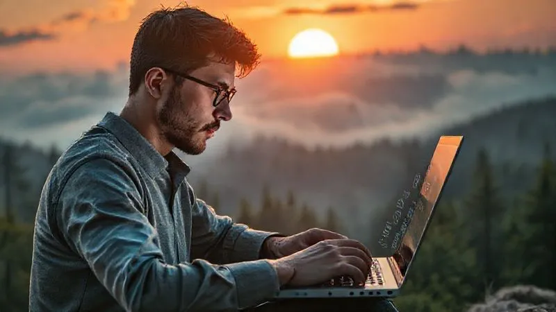 A photorealistic image depicting a person with a laptop, looking determinedly at a complex digital learning interface, surrounded by subtle visual metaphors of overcoming challenges like a rising sun breaking through clouds, or a path clearing in a dense forest. Cinematic lighting, sharp focus on the person and laptop, depth of field. 8K, professional photography.