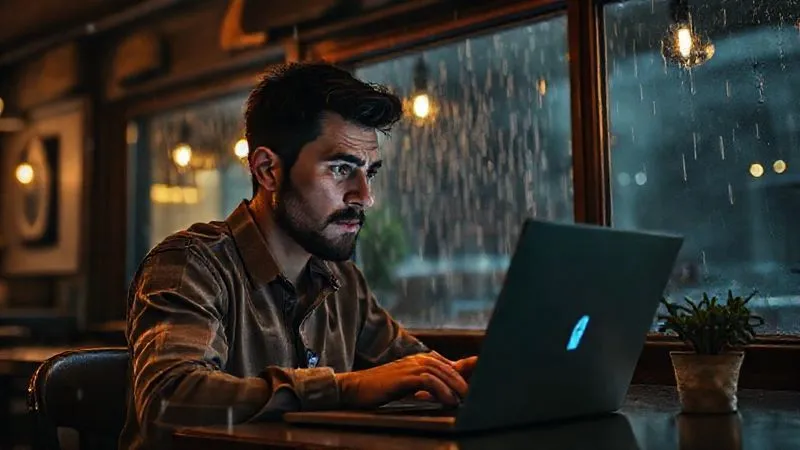 A digital nomad in a dimly lit, rustic cafe, laptop open, looking frustrated at the screen with a spinning loading icon. Rain streaks down the window outside. Visual cues of weak signal bars or a disconnected Wi-Fi symbol are visible on the laptop. Cinematic lighting, sharp focus on the nomad's face and laptop, depth of field blurring the cafe background, photorealistic, professional photography, 8K hyper-detailed, shot on a high-end DSLR.