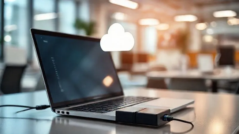A digital nomad on a laptop, with a secure, encrypted cloud icon floating above the screen, and a physical external hard drive connected via USB. The background is a clean, modern workspace in a co-working space, with subtle lines of data flowing securely. Cinematic lighting, sharp focus on the laptop and backup devices, depth of field blurring the background, photorealistic, professional photography, 8K hyper-detailed.