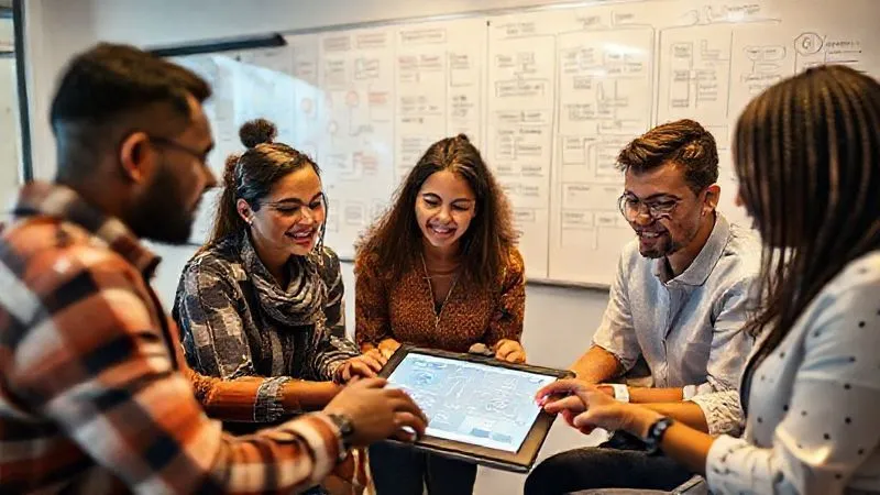 A diverse group of digital nomads collaboratively discussing feedback on a tablet, with a whiteboard in the background filled with user journey maps and iteration cycles. The atmosphere is engaged and proactive. Cinematic lighting, sharp focus on the group and their interactive tools, depth of field blurring the background, photorealistic, professional photography, 8K hyper-detailed.