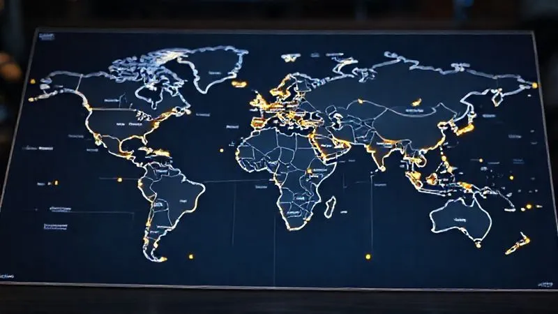 A photorealistic world map with various time zones clearly delineated and labeled, with glowing dotted lines connecting different continents, symbolizing seamless global communication and mentorship. Professional photography, 8K, cinematic lighting, sharp focus on the map details, depth of field blurring the surrounding desk, shot on a high-end DSLR.