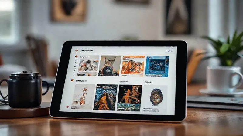 A photorealistic, sleek digital tablet displaying a well-organized e-library interface, with various categories like 'Business Strategy', 'Marketing', 'Mindset', and 'Tools for Nomads'. The content is presented as modular cards. Professional photography, 8K, cinematic lighting, sharp focus on the tablet screen, depth of field blurring a cozy, minimalist workspace, shot on a high-end DSLR.