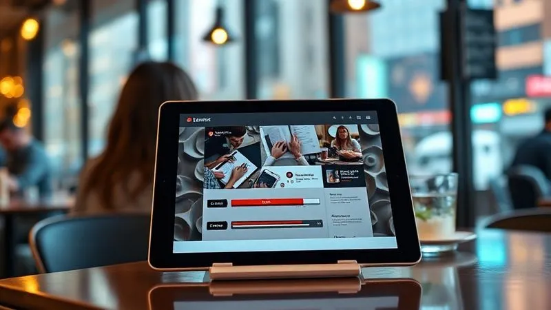 A photorealistic, professional photography shot of a sleek, modern tablet displaying an engaging e-learning module, with a blurred background showing a digital nomad working from a cafe in a bustling city. The tablet screen is sharply focused, showcasing interactive elements and progress bars. 8K, cinematic lighting, depth of field, shot on a high-end DSLR.