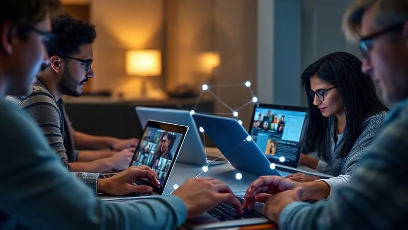 A photorealistic, professional photography shot of a diverse group of digital nomads, each on their laptop, engaged in a virtual collaborative learning session. The screen of one laptop shows a video conference call with multiple participants, while another shows a shared document being edited. There's a subtle glow connecting the individuals, symbolizing virtual connection and shared knowledge. 8K, cinematic lighting, sharp focus on the screens and faces, depth of field, shot on a high-end DSLR.