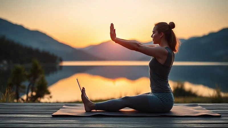 A photorealistic, professional photography shot of a digital nomad taking a mindful break from their laptop, stretching gently on a yoga mat with a serene natural backdrop like a mountain lake at sunrise. The image conveys peace, balance, and well-being. 8K, cinematic lighting, sharp focus on the individual, depth of field blurring the background, shot on a high-end DSLR.