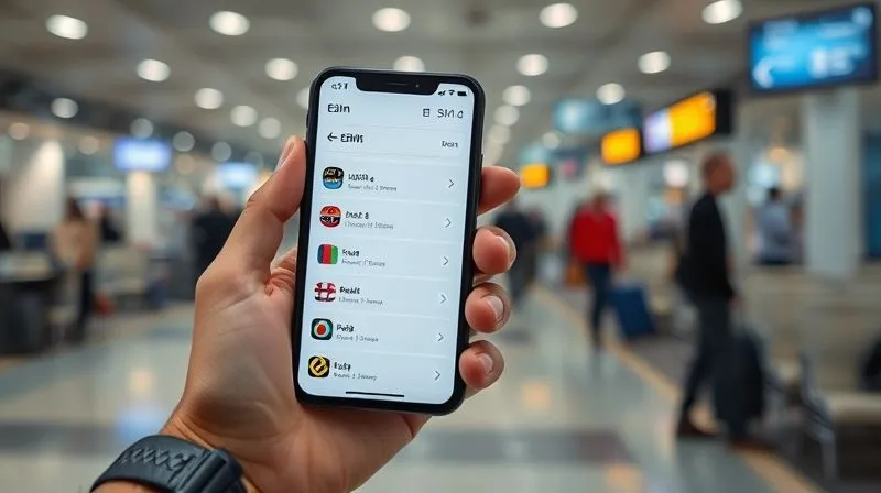 A photorealistic close-up of a hand holding a smartphone displaying various eSIM options and data plans from different countries, with a blurred background of a bustling airport lounge. The focus is on the screen's clear interface and multiple data choices. Professional photography, 8K, cinematic lighting, sharp focus, depth of field, shot on a high-end DSLR.