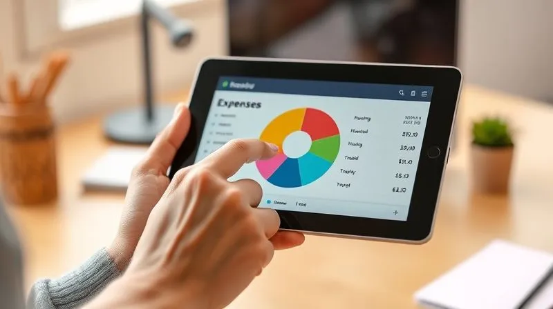 A photorealistic image of a digital nomad's hand meticulously tracking expenses on a tablet, with a colorful pie chart showing budget categories like 'Housing', 'Food', 'Travel', and 'Business Investment'. The background is a minimalist, modern workspace. Professional photography, 8K, cinematic lighting, sharp focus on the tablet and hand, depth of field, shot on a high-end DSLR.