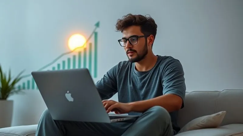 A photorealistic depiction of a digital nomad looking relaxed and focused, working on a laptop in a serene, minimalist environment. The background subtly shows a growing financial graph and a rising sun, symbolizing growth and new opportunities. Professional photography, 8K, cinematic lighting, sharp focus on the nomad, depth of field, shot on a high-end DSLR.