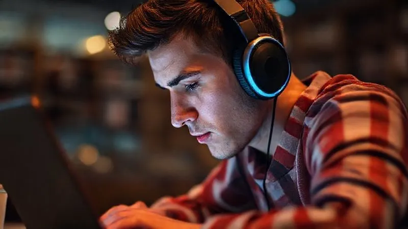 A photorealistic image of a person wearing noise-canceling headphones, deeply focused on a laptop screen, surrounded by a subtle, calming digital glow. The background is slightly blurred to emphasize concentration, with a hint of a cafe or library setting. Professional photography, 8K, cinematic lighting, sharp focus.