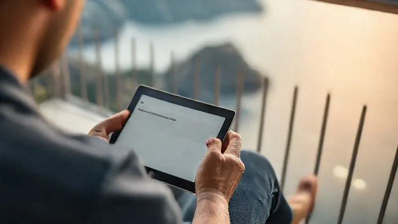 A photorealistic image of a digital nomad reviewing flashcards on a tablet while sitting on a balcony overlooking a scenic landscape (e.g., mountains or ocean). The tablet screen clearly shows a flashcard app with a question. Soft, natural light, sharp focus on the tablet and hands, depth of field blurring the background. Professional photography, 8K, cinematic lighting.