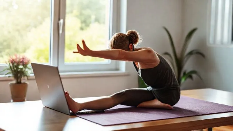 A photorealistic image of a digital nomad stretching gently beside a laptop on a desk, with a yoga mat partially visible. A window in the background shows a vibrant, healthy outdoor scene. Soft, natural light, sharp focus on the person and their relaxed posture, depth of field blurring the background. Professional photography, 8K, cinematic lighting.