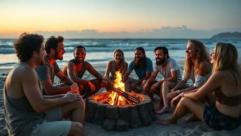 A photorealistic image of a diverse group of digital nomads, including influencers and brand representatives, gathered around a campfire on a beach at sunset, laughing and sharing stories. The atmosphere is warm, collaborative, and authentic, symbolizing strong, long-term relationships and community building. Professional photography, 8K, cinematic lighting, sharp focus on faces, depth of field blurring the ocean, shot on a high-end DSLR, inspiring and harmonious mood.