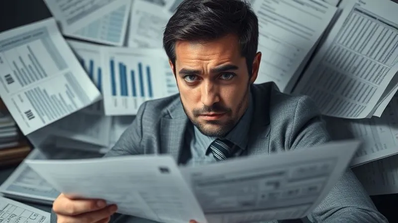 A photorealistic image of a business person looking stressed, surrounded by a tangle of complex financial documents and tax forms, with a worried expression. The scene is dimly lit, emphasizing the feeling of being overwhelmed. Professional photography, 8K, cinematic lighting, sharp focus, depth of field, shot on a high-end DSLR.