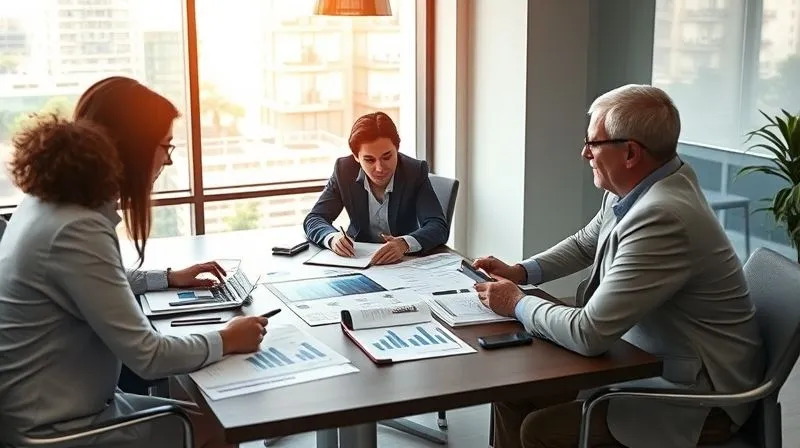 A photorealistic image showing a diverse team of professionals (accountant, lawyer, business owner) collaborating around a modern conference table, reviewing financial documents and digital projections. The atmosphere is one of focused teamwork and strategic planning, with soft, professional lighting. 8K hyper-detailed, shot on a high-end DSLR.