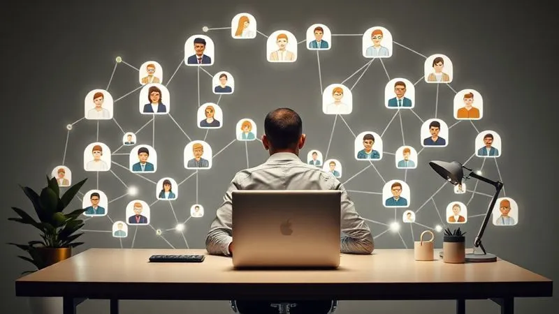 A photorealistic image of a person sitting at a minimalist desk, surrounded by a subtle, glowing network of connections leading to various client personas (represented by diverse, professional-looking avatars), illustrating the concept of niching down and identifying ideal clients in a global, remote context. Professional photography, 8K, cinematic lighting, sharp focus on the person and their thought process, depth of field, shot on a high-end DSLR.