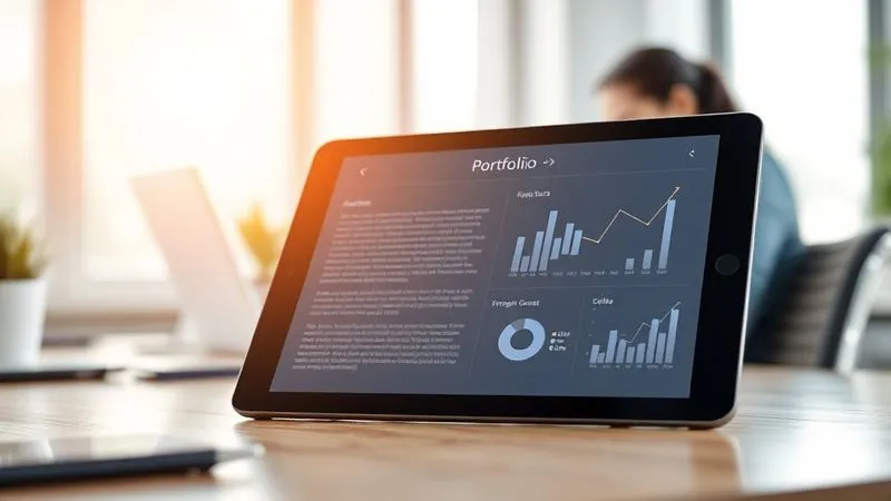 A photorealistic image of a sleek, modern digital portfolio displayed on a tablet, with a finger scrolling through a section that uses elegant data visualizations (charts, graphs) integrated into a compelling project narrative. The background is a clean, bright workspace with natural light. Professional photography, 8K, cinematic lighting, sharp focus on the tablet screen, depth of field, shot on a high-end DSLR.