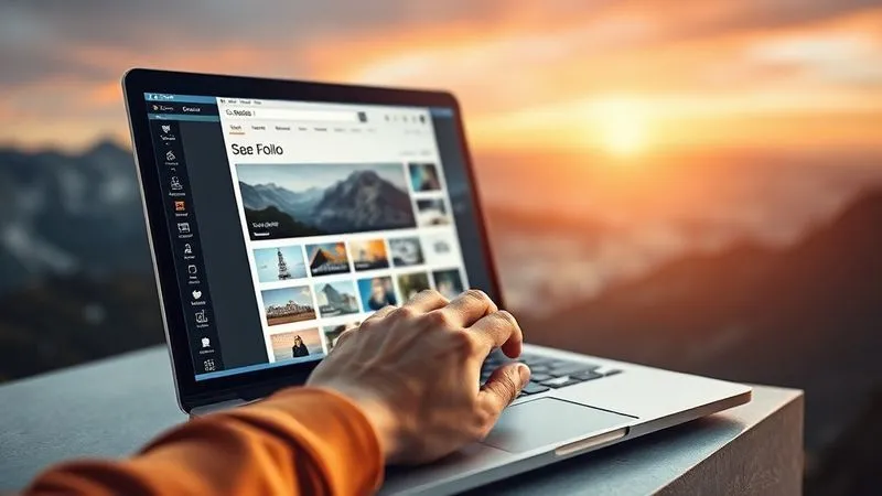 A photorealistic image of a digital nomad's hand updating a section of their online portfolio on a laptop, with a background showing a blurred, dynamic landscape (mountains, city skyline) symbolizing continuous journey and evolution. The screen displays fresh, modern design elements being added. Professional photography, 8K, cinematic lighting, sharp focus on the hand and screen, depth of field, shot on a high-end DSLR.