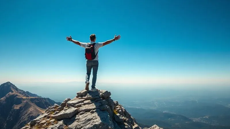 A photorealistic image of a digital nomad standing on a mountain peak, arms outstretched, overlooking a vast, beautiful landscape with a clear blue sky, symbolizing freedom, achievement, and the successful journey of a well-optimized nomadic career. Professional photography, 8K, cinematic lighting, sharp focus on the person and the immediate foreground, depth of field blurring the distant landscape, shot on a high-end DSLR.
