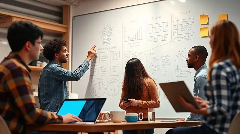 A photorealistic image of a diverse group of digital nomads, each with a laptop, collaboratively sketching ideas on a large, transparent whiteboard in a vibrant co-working space, with clear, organized diagrams and sticky notes. Cinematic lighting, sharp focus on the whiteboard, depth of field blurring the background, 8K hyper-detailed, professional photography.