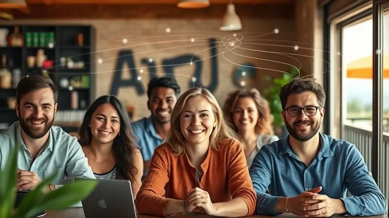 A photorealistic image of a diverse group of remote team members, each in a different global location (e.g., a bustling city cafe, a quiet mountain cabin, a sunny beachside balcony), connected via a holographic video call. Their faces are clear and engaged, with lines of light connecting them, symbolizing seamless communication. Cinematic lighting, sharp focus on the holographic interface, depth of field blurring the individual backgrounds, 8K hyper-detailed, professional photography.