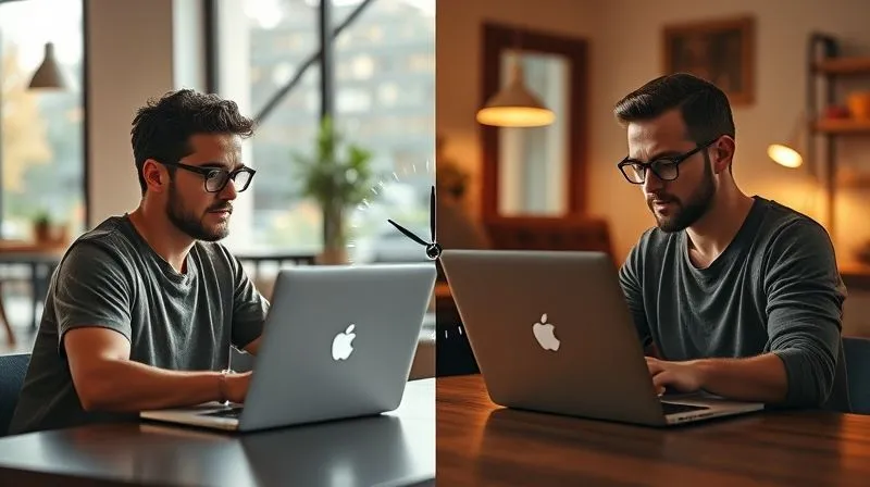 A photorealistic image showing a split-screen view: on one side, a digital nomad focused and productive at a laptop in a quiet, sunlit cafe during the morning. On the other side, a different digital nomad is equally focused and productive at a laptop in a cozy evening setting, perhaps a home office with warm lighting. A clock graphic in the middle shows different time zones, emphasizing synchronized asynchronous work. Professional photography, 8K, cinematic lighting, sharp focus, depth of field, shot on a high-end DSLR.