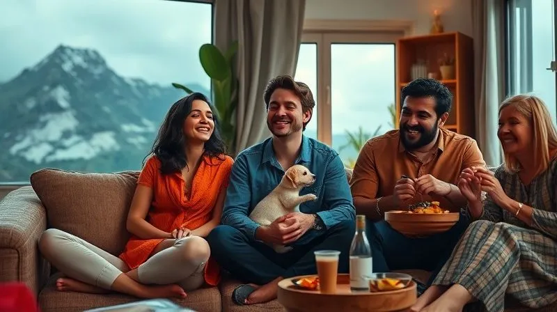 A photorealistic image of a diverse group of digital nomads, each in a comfortable, relaxed setting (e.g., one meditating on a mountain, another laughing with a pet in a cozy apartment, a third enjoying a meal with locals), connected by subtle, glowing lines of camaraderie. The overall feeling is one of peace, connection, and well-being. Professional photography, 8K, cinematic lighting, sharp focus, depth of field, shot on a high-end DSLR.