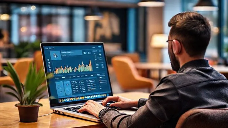 A photorealistic image of a digital nomad sitting in a vibrant co-working space, looking at a laptop screen displaying a complex dashboard with integrated data from Google Analytics 4, CRM, and email marketing platforms. The screen is sharp and clear, showing charts and graphs. Cinematic lighting, depth of field blurring the background, 8K hyper-detailed, shot on a high-end DSLR.